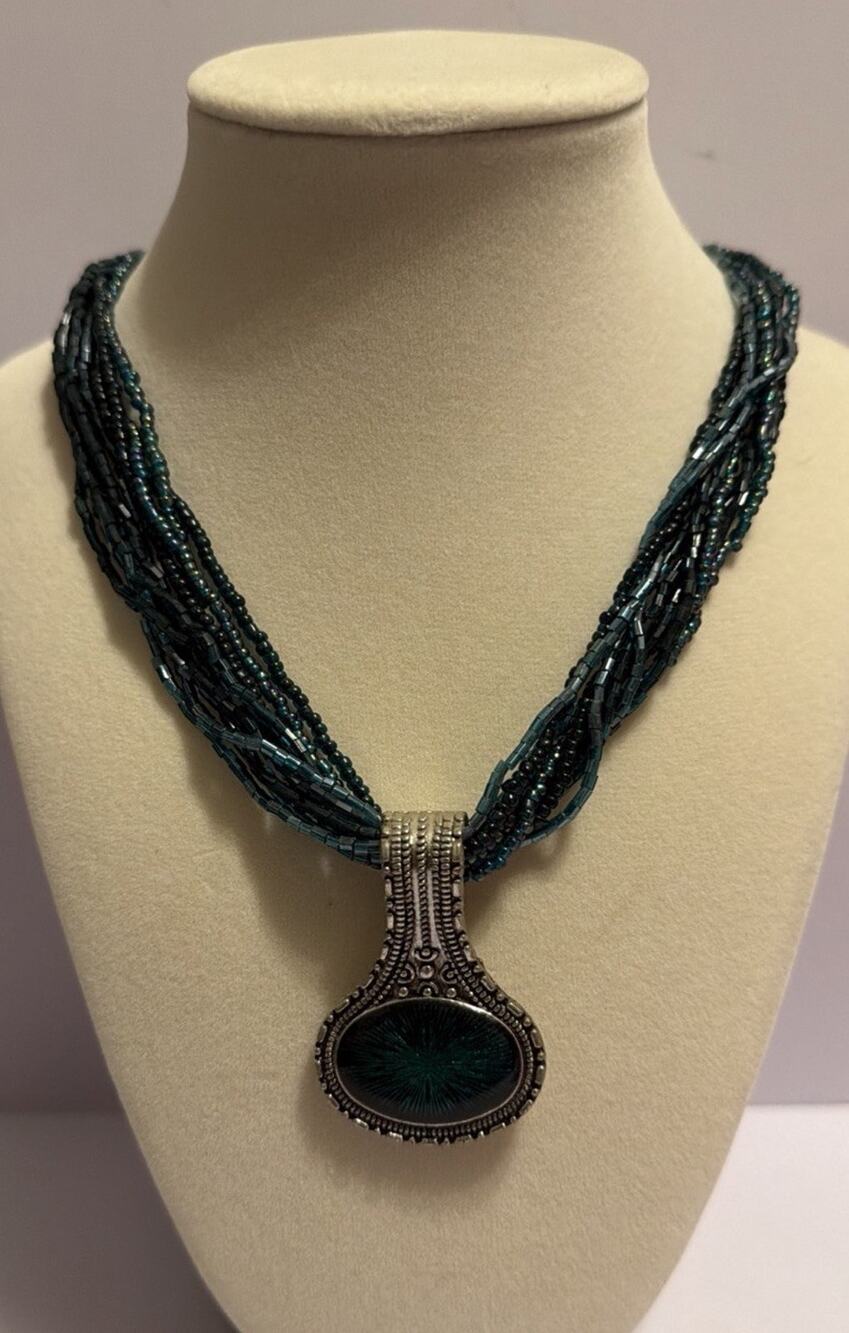 Vintage Teal Green 10 strand Seed Bead Pendant necklace 19”
